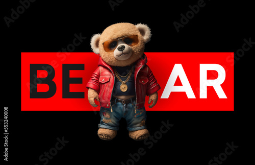 The bear is standing in a red sweater with a gold chain around his neck, blue jeans and sunglasses, sneakers on his feet. Vector illustration