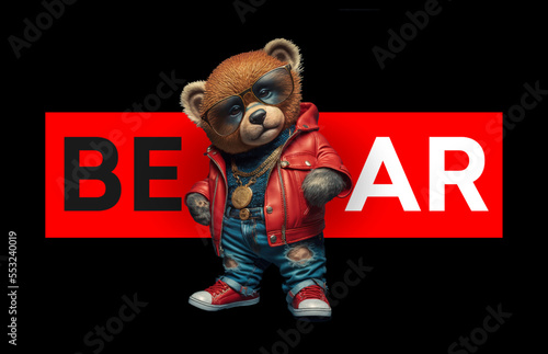 The bear is standing in a red sweater with a gold chain around his neck, blue jeans and sunglasses, sneakers on his feet. Vector illustration