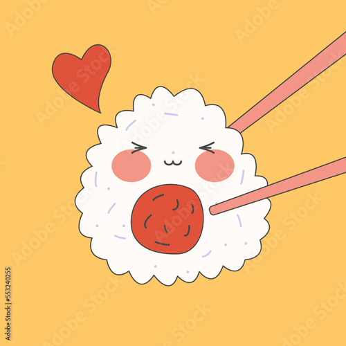 Cute onigiri set with smiling face and pink cheeks. Kawaii onigiri. Japanese traditional cuisine dishes. Stock vector illustration.