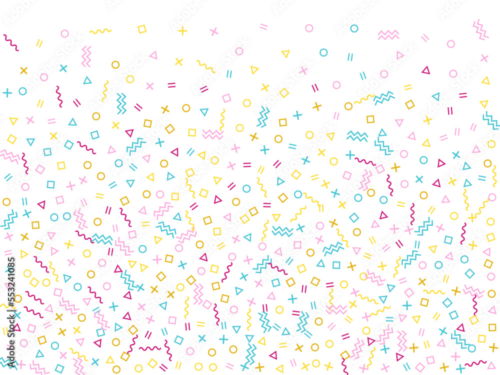 Memphis style geometric confetti background with triangle, circle, square, zigzag and wavy line Memphis style geometric confetti background with triangle, circle, square, zigzag and wavy line