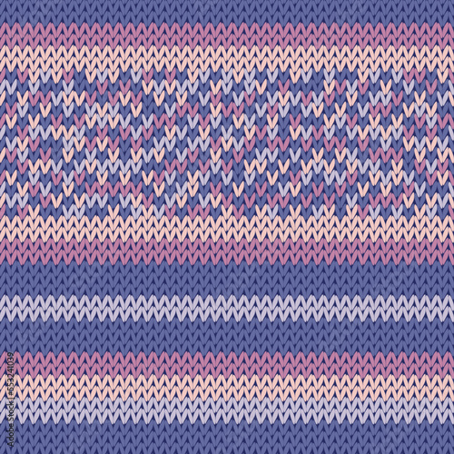Craft knitted fabric striped ornament. Winter sweater striped jersey textile.