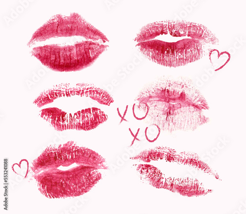 Romantic print with lips, hearts and xoxo text. Modern lips icons. Phrase XOXO and realistic lipstick print isolated on white. Trendy vector design for Valentines Day or wedding.