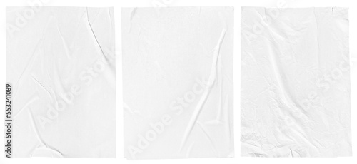 Fotografie White crumpled and creased glued paper poster set isolated