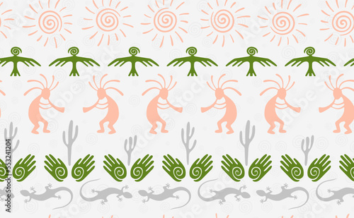 Kokopelli with flute, pangolin, hawk, sun symbol, hands and plant tribal vector seamless pattern.