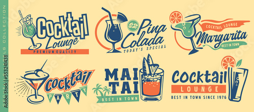 Cocktails and drinks set of creative banners and labels with popular alcoholic beverages. Cafe bar or cocktail lounge logos and signs collections. Vector illustrations of drinks and fruits glasses.