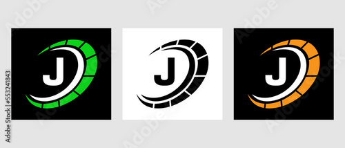 Letter J Car Automotive Logo For Cars Service, Cars Repair With Speedometer Symbol