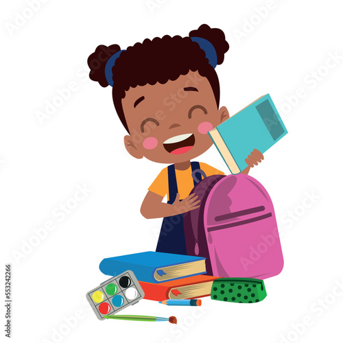 happy cute kid boy prepare bag for school