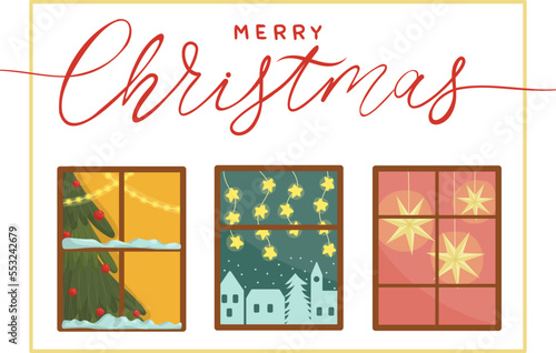 Christmas card with windows and the inscription Merry Christmas