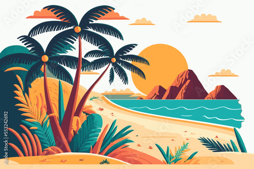 Fototapeta Naklejka Na Ścianę i Meble -  tropical summer beach ocean sunset and sunrise view cartoon vector illustration