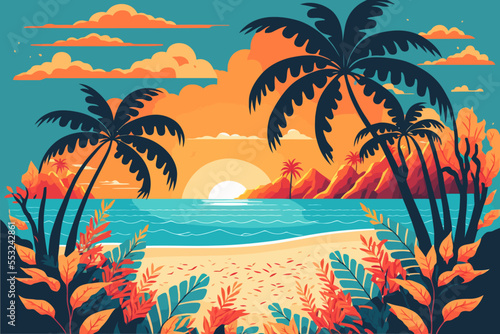 tropical summer beach ocean sunset and sunrise view cartoon vector illustration