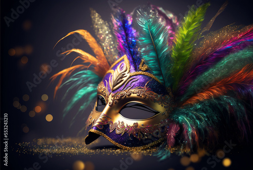 Mardi Grass Golden Carnival Mask with Feathers, Beautiful background for greeting cards, party invitation, banner, flyer or poster