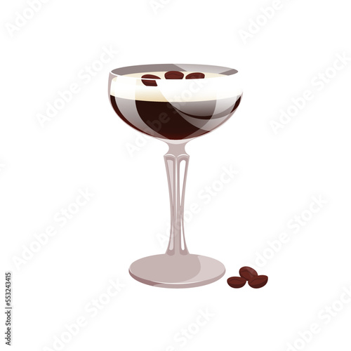 Espresso martini cocktail with coffee beans.Alcoholic coffee cocktail.Vector illustration.