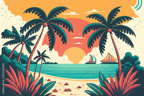 Fototapeta Naklejka Na Ścianę i Meble -  tropical summer beach ocean sunset and sunrise view cartoon vector illustration