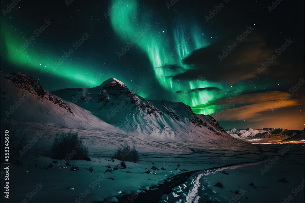 Aurora borealis green over a snow covered winter mountain landscape.