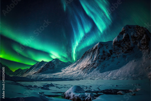 Aurora borealis green and turquoise over a snow covered winter mountain landscape.