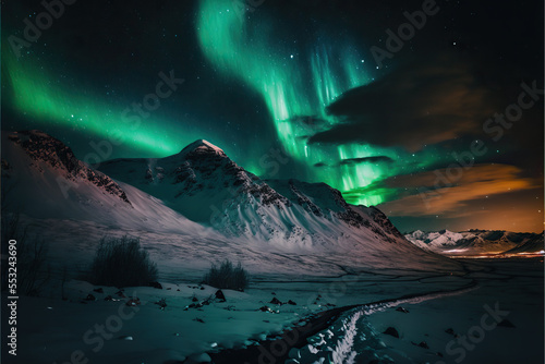 Aurora borealis green over a snow covered winter mountain landscape.