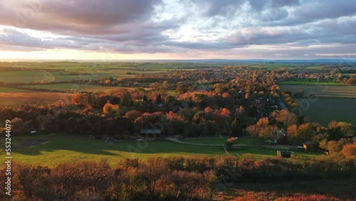 4K drone Aerial video establishing shot of countryside in Oxfordshire at dusk