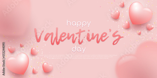 Realistic happy valentines day with decoration on pink background