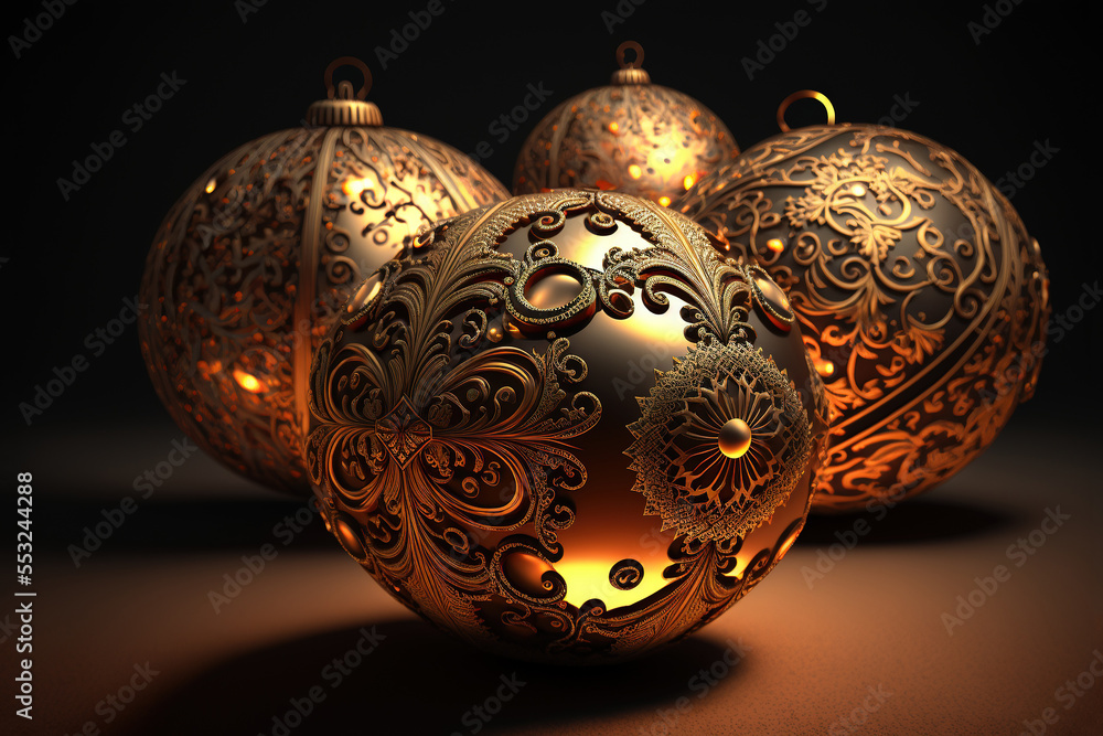 Beautiful majestic antique toy Christmas tree balls. Festive jewelry made of precious metals.Evening holiday lights of Christmas and New Year. Antique patterns on metal balls. AI Beautiful majestic antique toy Christmas tree balls. Festive jewelry made of precious metals.Evening holiday lights of Christmas and New Year. Antique patterns on metal balls. AI