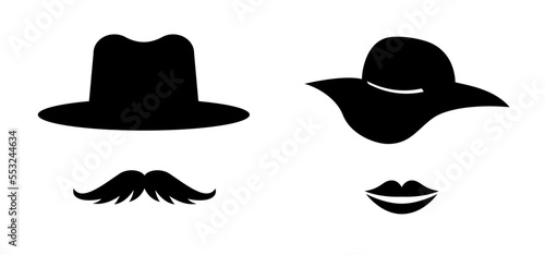 Cartoon lady and gentleman. Vector man and Woman hat. Hat and hipster moustache. Man face, barber, mustache or beard. Or restroom or bathroom for man and woman for man and woman toilet, wc.