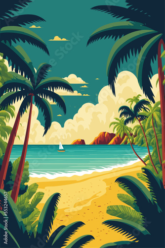 tropical summer beach ocean sunset and sunrise view cartoon vector illustration