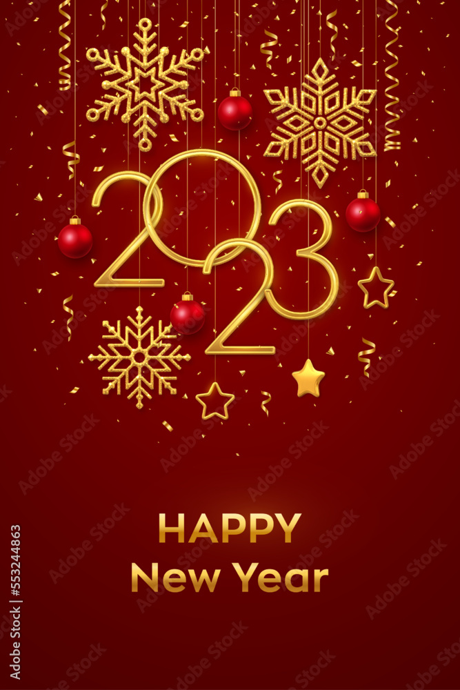 Happy New 2023 Year. Hanging Golden metallic numbers 2023 with shining snowflakes, 3D metallic stars, balls and confetti on red background. New Year greeting card or banner template. Vector.