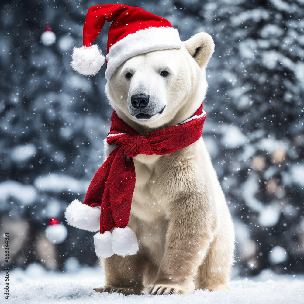 christmas polar bear in the snow in santa hat and red scarf, falling snow christmas polar bear in the snow in santa hat and red scarf, falling snow