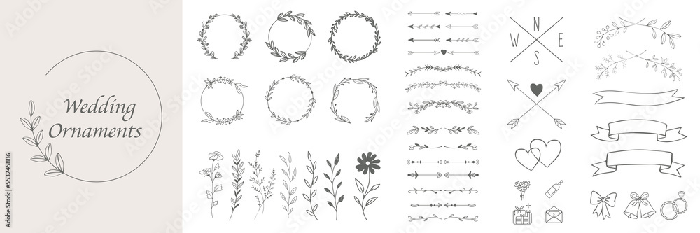 Hand Drawn Wedding Ornamental Elements Collection. Vector Graphic set of elements for invitations and greeting cards. Classic vintage design. Dividers, hearts, map elements, flowers, ornaments.