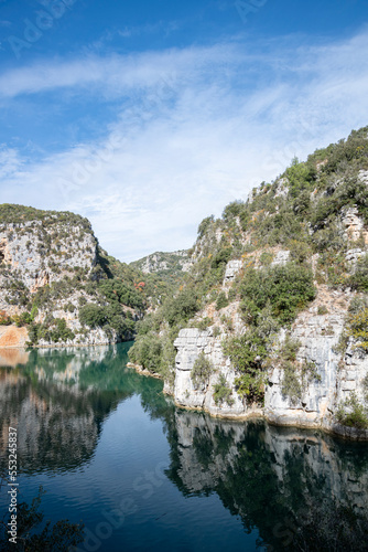 Scenic view of Verdon river surrounded by medium cliffs with copy space, Lower Verdon Gorges, France