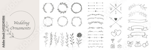 Obraz na płótnie Hand Drawn Wedding Ornamental Elements Collection. Vector Graphic set of elements for invitations and greeting cards. Classic vintage design. Dividers, hearts, map elements, flowers, ornaments. w salonie