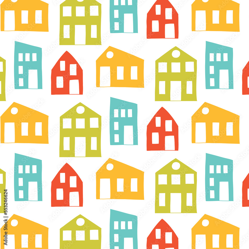 Childish pattern with cute houses . Kids print with a city. Vector illustration in cartoon style. Flat style.