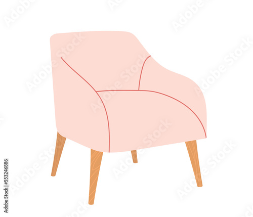 Cozy chair with wooden legs. Modern furniture armchair for home interior. Comfy pink chair. Hand drawn Flat vector illustration isolated on white background. Fashionable Furniture for Home.