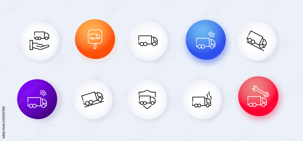 Delivery flat and line icon set. Neomorphism, car, product, transport, hand, sign, reliability, descent, speed, rise, repair, business, sales. Cargo transportation concept. Vector flat and line icon. Delivery flat and line icon set. Neomorphism, car, product, transport, hand, sign, reliability, descent, speed, rise, repair, business, sales. Cargo transportation concept. Vector flat and line icon.
