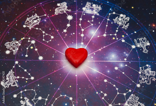 zodiac signs with horoscope and constallation of stars and with red heart like astrology and romantic love and Valentine concept 