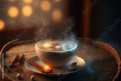 A cup of Winter coffee with marshmallows, winter tea, in a homely evening cozy atmosphere. AI