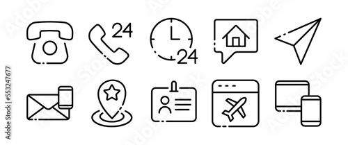 Communication linear icons set. Phone, technical support, call center, sms, web page, travel, around the clock, route, destination, path. Communication concept. Vector black line icon set