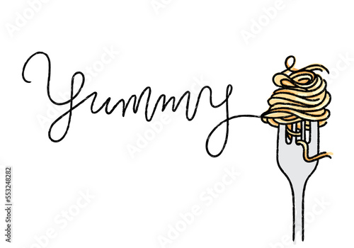 spaghetti roll with fork line art and yummy typography vector illustration