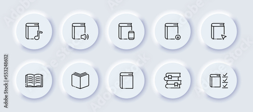 Books neomorphic line icon set. Book, printed edition, study, knowledge, color, education, school, bookmark, student, student, work. knowledge concept. Vector neomorphic black line icon set