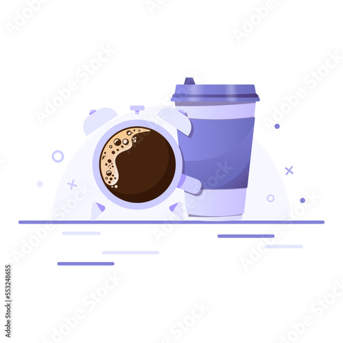 Paper coffee cup with alarm clock. Takeaway coffee, coffee to go, coffee shop, good morning concept