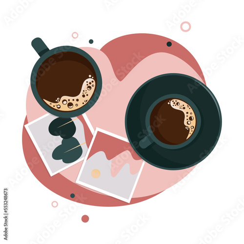 Coffee cup and tea cup with instant photo. Vintage pictures and coffee mug