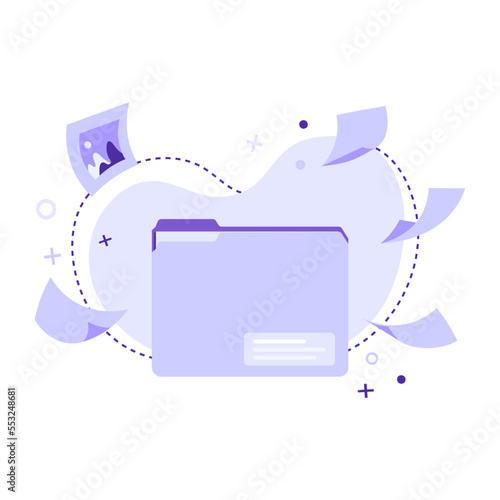 Paper Folder with documents. File Folder with flying papers. Flying paper sheets and pictures or photo in frame. Office work, planning, time management, schedule and online education concept