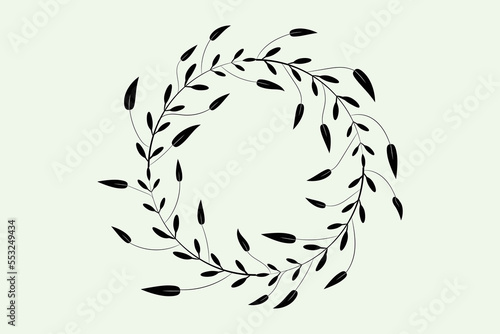 A simple wreath of twigs and leaves. Floral frame with branches in a circle. Doodle-style border, black. Decorative element for greeting cards, and home items decoration. Vector