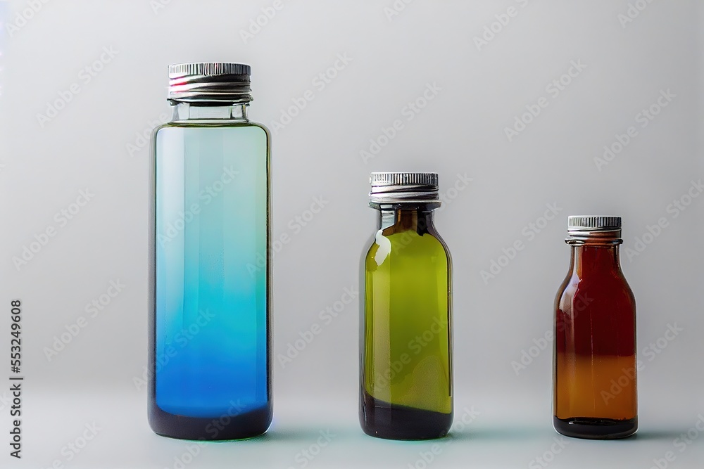 glass containers, colored bottles for liquids and experiments