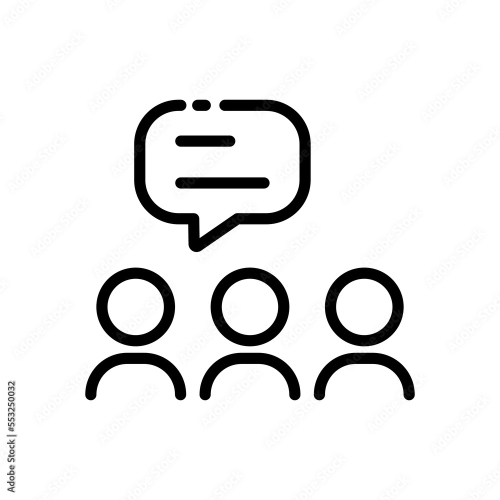 Discussion line icon. Speech bubble, people, group of people, team, business, ideas, discussion, conference, meeting, session. communication concept. Vector black line icon on white background Discussion line icon. Speech bubble, people, group of people, team, business, ideas, discussion, conference, meeting, session. communication concept. Vector black line icon on white background