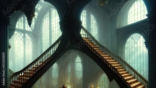 Staircase in the palace leading to the top. Large panoramic windows. Fantasy interior with a garden. Rays of the sun, shadows. Majestic staircase. AI