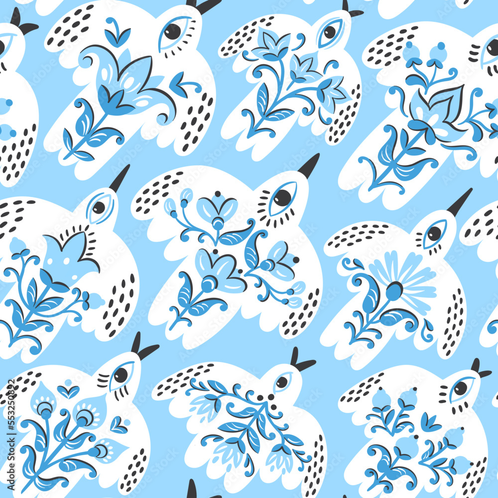Fototapeta premium Folk pattern birds for print design. Traditional Scandinavian and Slavic ornament. Vector ethnic background in boho style for textile, fabrics and any surface design.