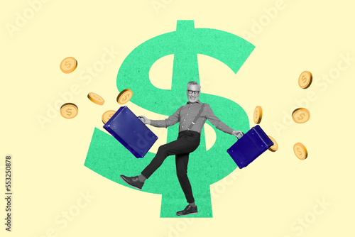 Composite collage illustration of excited black white gamma grandfather hold money coin bags isolated on painted background
