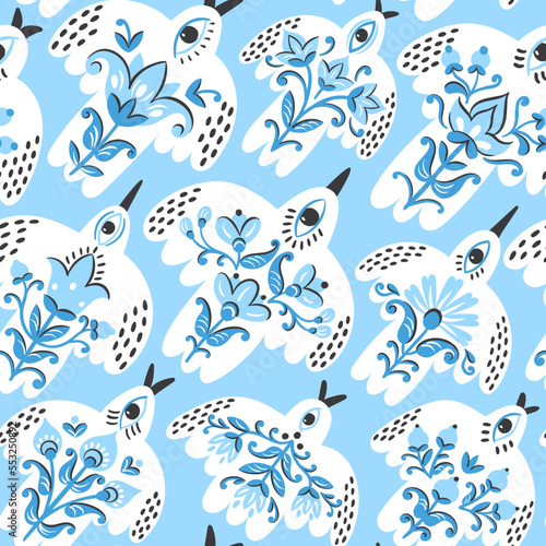 Folk pattern birds for print design. Traditional Scandinavian and Slavic ornament. Vector ethnic background in boho style for textile, fabrics and any surface design.