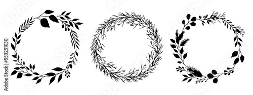 Set of three botanical wreaths of black leaves silhouette.