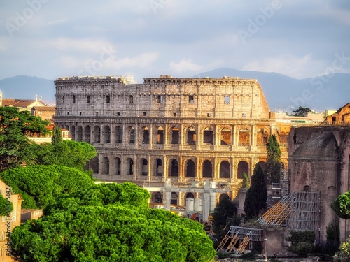 Aerial view of the Colosseum in summer, Rome, Italy